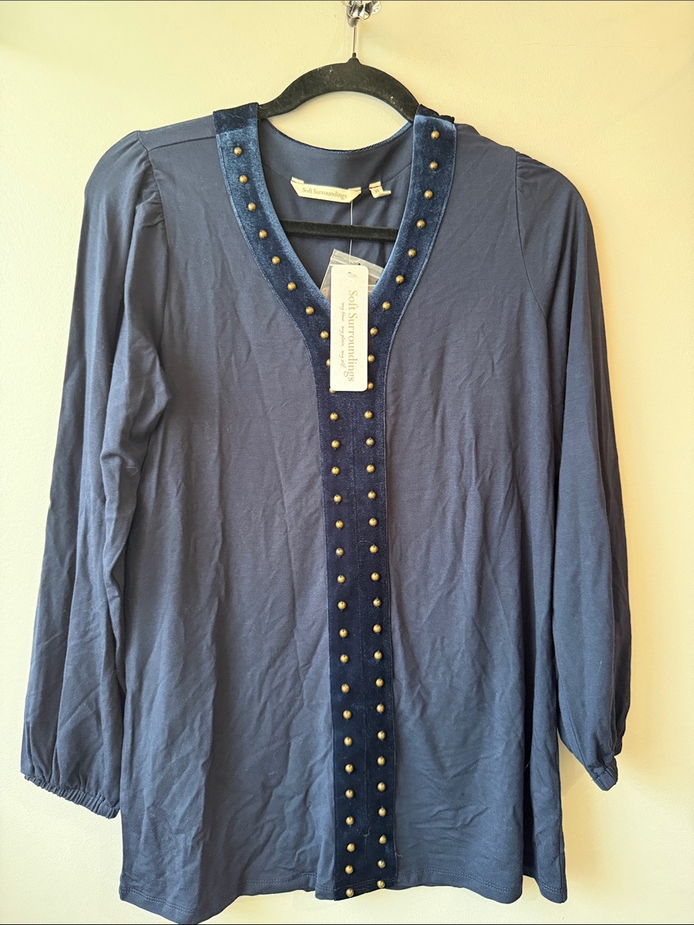 Soft Surroundings Navy V-Neck Long tunic Top with Gold Stud Velvet Trim